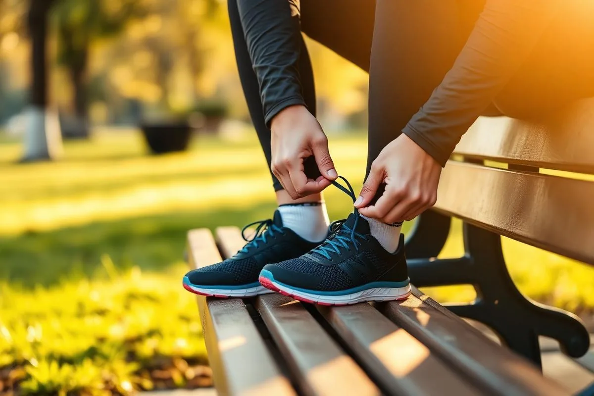 Persona atándose zapatillas deportivas, cuidado rutinario de pies para adultos activos en Houston